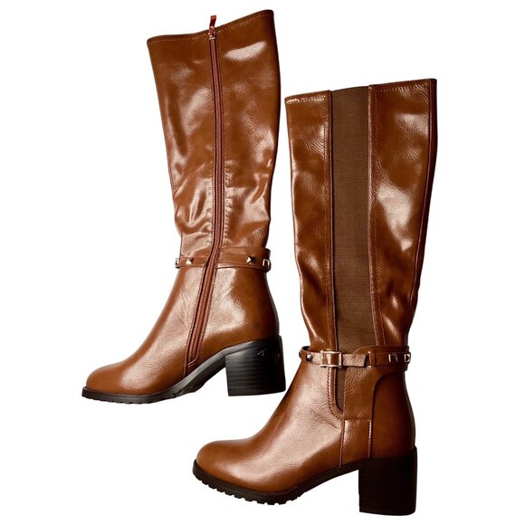 Torgies Womens 6 Cognac Brown Faux Leather Riding Boots With Gold Studded Strap - Picture 15 of 16